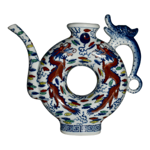 Vintage Chinese Blue & White Dragon Phoenix Donut Hole Pitcher/Teapot