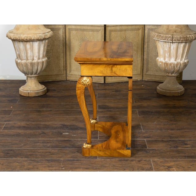 Wood 19th Century Biedermeier Walnut Console Table with Large Volutes, Pilasters and Gilt Accents For Sale - Image 7 of 12