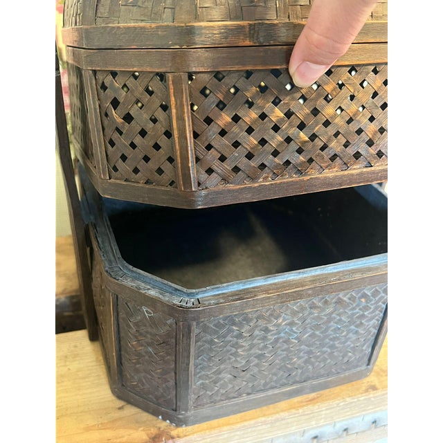 Wood Antique Chinese Carved Wicker and Bamboo Lunch Box Basket. For Sale - Image 7 of 8