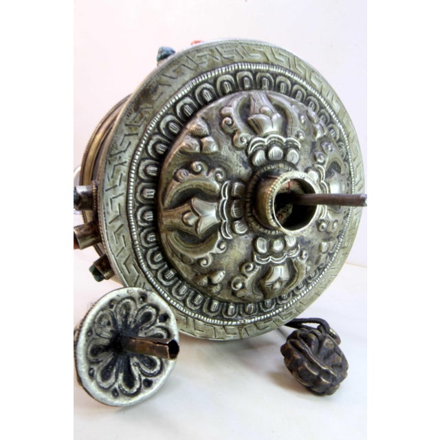 Traditional 18" Tibetan Prayer Wheel W/Inner Scroll Inlaid Silver 19th Century Monastery Ritual For Sale - Image 3 of 18