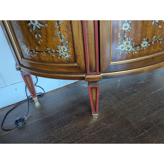 French Style "Etagere" With a Demilune Shape, Hand Painted Floral Marquetry and Lit Back Drop. For Sale - Image 9 of 12