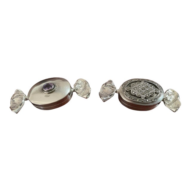 Vintage Sterling Silver Candy Shaped Trinket Boxes -One With Marcasite and One With an Amethyst For Sale