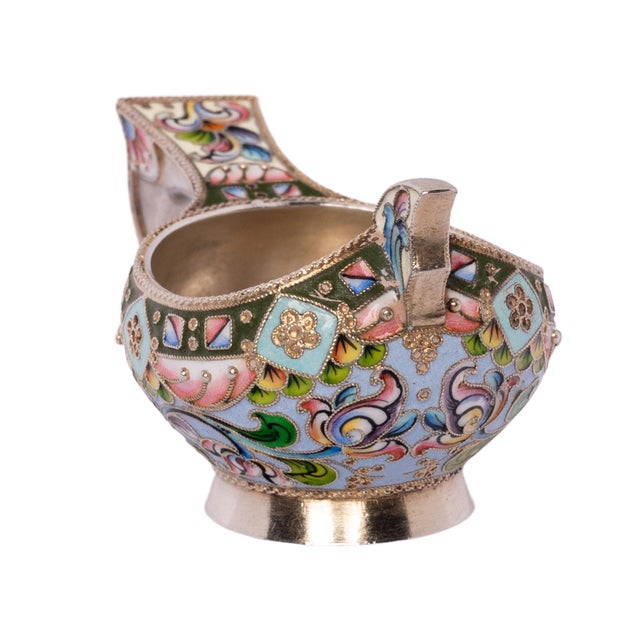 Antique Imperial Russian Solid Silver Gilt Cloisonne Enamel Kovsh Moscow 1908 For Sale In Portland, OR - Image 6 of 11