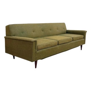 Vintage Mid Century Modern Greenish Brown Tufted 82" Sofa Couch W/ Walnut Legs For Sale