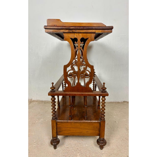 Brown 1930s Victorian Walnut Canterbury Magazine Rack with Tray Top For Sale - Image 8 of 10