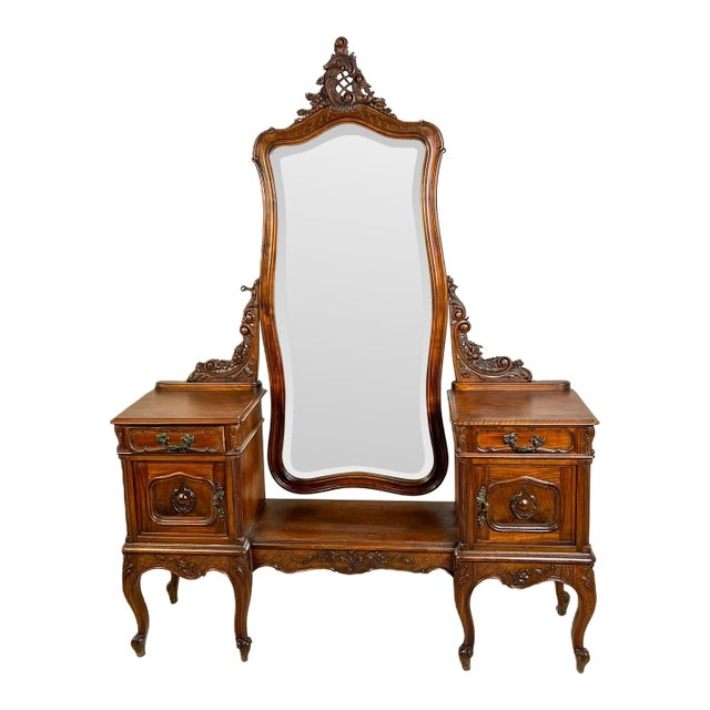 Vintage French Louis XV Style Walnut Vanity With Beveled Mirror For Sale