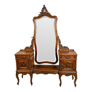 Vintage French Louis XV Style Walnut Vanity With Beveled Mirror