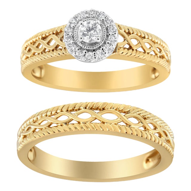 14K Yellow Gold Plated .925 Sterling Silver 1/5 Cttw Diamond Halo Engagement Ring and Wedding Band Set - Size 7 For Sale