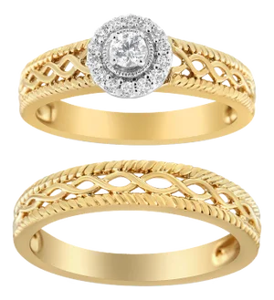 14K Yellow Gold Plated .925 Sterling Silver 1/5 Cttw Diamond Halo Engagement Ring and Wedding Band Set - Size 7