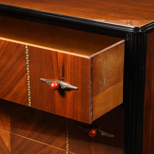 Art Deco Book-Matched Walnut & Black Lacquer Detailed Chest W/ Bakelite Pulls For Sale - Image 12 of 18