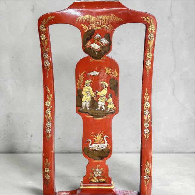 Mid-Century Italian Venetian Red Lacquer Chinoiserie Hand Painted Side Chairs, Pair For Sale - Image 4 of 6