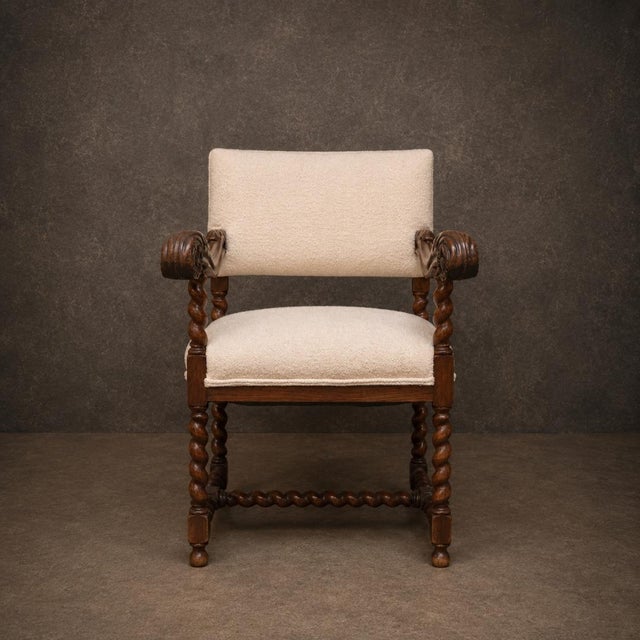 This striking 19th Century French Louis XIII style throne chair is crafted from richly grained walnut and showcases the...