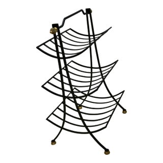 Mid 20th Century Magazine Rack or Bath Towel Holder Black Wrought Iron With Brass Accents For Sale