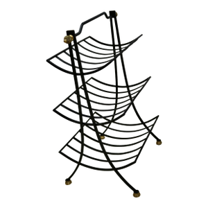 Mid 20th Century Magazine Rack or Bath Towel Holder Black Wrought Iron With Brass Accents
