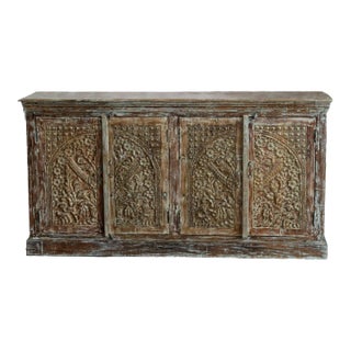 1920s Vintage Carved Sideboard 4 Doors Brass Studs Farmhouse Credenza Buffet For Sale