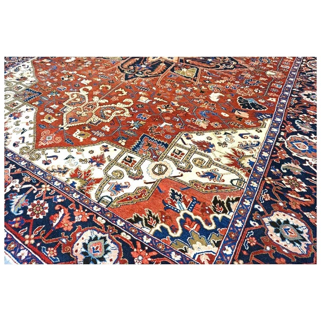 Vintage Persian Heriz 10x13 Red, Navy, & Ivory Handmade Area Rug #9901667 For Sale - Image 9 of 13