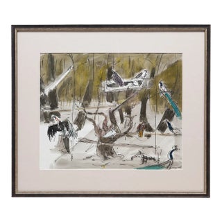 Joseph B. O’Sickey “Birds of Prey With Peacocks” Ink & Watercolor, 1989 For Sale