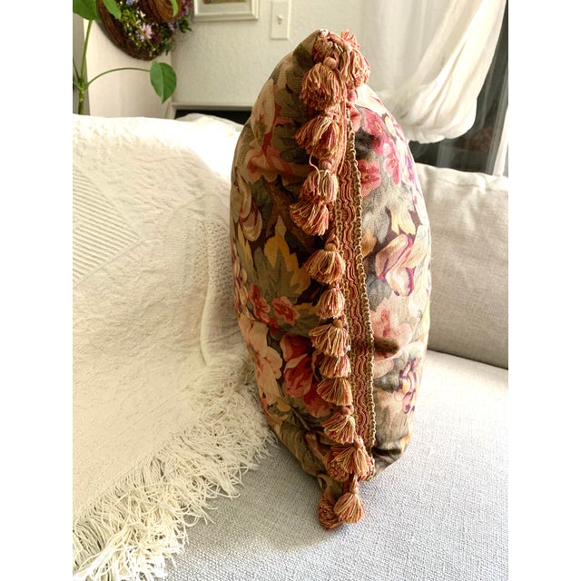 Vintage Decorative Cushion Pillow Floral Cabbage Roses and Fruits Pattern Cotton Linen Tassels Borders 19” X 19” For Sale - Image 10 of 12