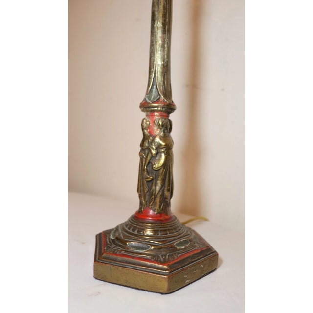 Early 20th Century Antique Bronze Clad Glass Figural 4 Graces Putti Polychromed Electric Table Lamp For Sale - Image 5 of 12