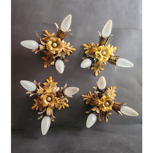 Gold-plated and silver-plated set of four hand-forged three-light banci firenze florentine ceiling lights, wall sconces,...