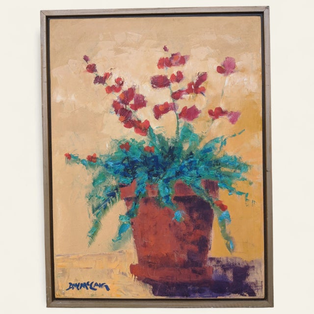 Vintage Original Still Life Potted Begonia Flower Oil Painting Signed For Sale In Charlotte - Image 6 of 10