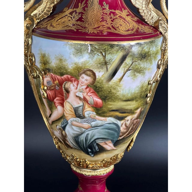 Ceramic Vintage French Rococo Style Hand-Painted Porcelain Vase with Swan Handles and Gilded Details from Retier, 1920s For Sale - Image 7 of 11