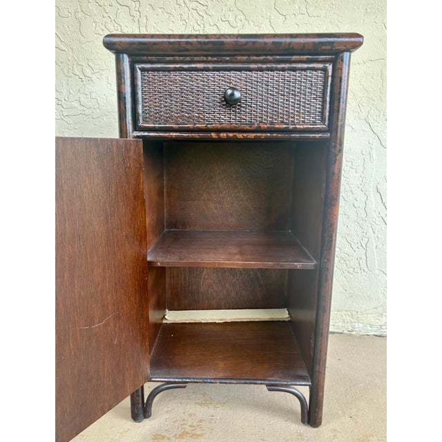 Pair Vintage British Colonial Faux Burnt Bamboo & Cane Nightstands For Sale - Image 11 of 12