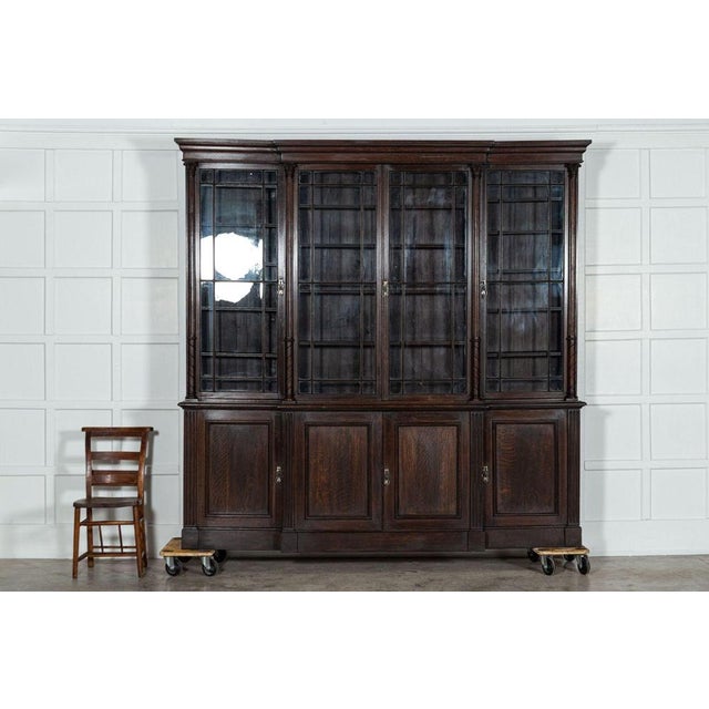 Late 19th Century Large 19th Century English Oak Glazed Breakfront Bookcase, 1870s For Sale - Image 5 of 17