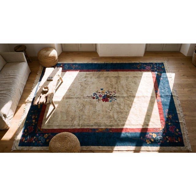 1920s Beige Floral Antique Chinese Art Deco Carpet 9'' X 11'8'' Knotted Wool Rug For Sale - Image 12 of 12