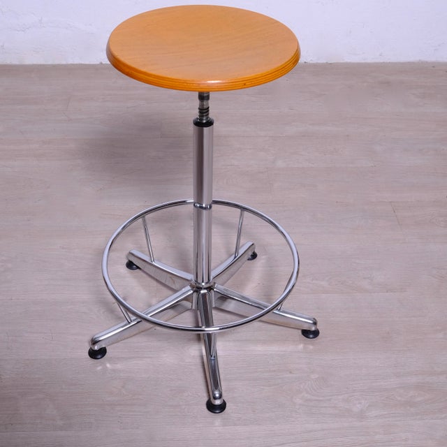 Industrial Adjustable Office Stool in Metal with Wooden Seat For Sale - Image 16 of 16