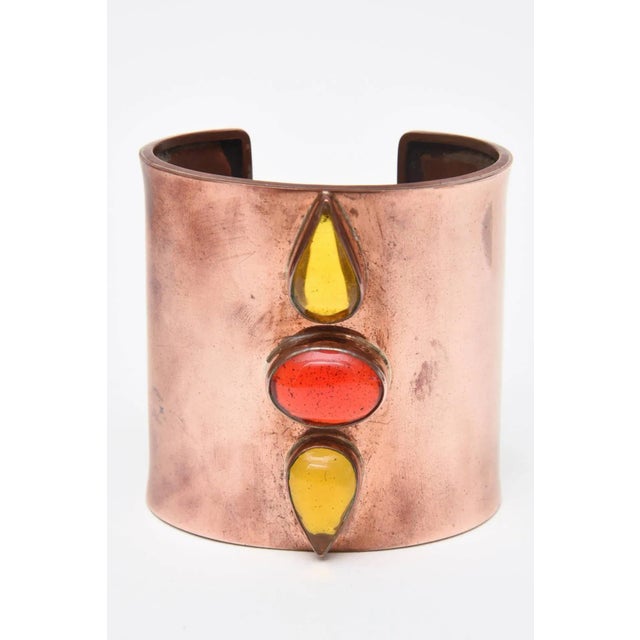 Copper Hallmarked Copper Wide Cuff Bracelet With Red, Yellow Amber Glass Stones 90's For Sale - Image 8 of 10