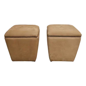 Pair of Lee Industries Handcrafted Leather Upholstered and Nail Studded Ottomans