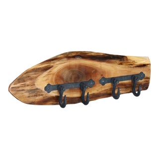 Handmade Raw Edge Wood Plank Coat Rack W/ 4 Large Cast Iron Hooks For Sale