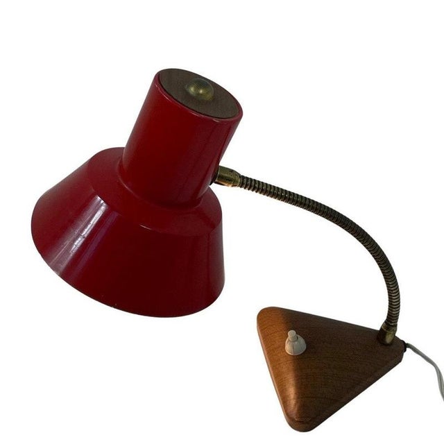 Red Desk Lamp with Faux Wooden Base and Accent & Brass Gooseneck For Sale - Image 6 of 9