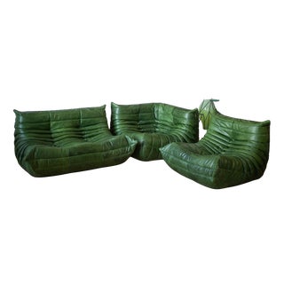Dubai Green Leather Togo Lounge Chair, Corner and 2-Seat Sofa by Michel Ducaroy for Ligne Roset, 1979, Set of 3 For Sale