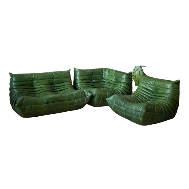 Dubai Green Leather Togo Lounge Chair, Corner and 2-Seat Sofa by Michel Ducaroy for Ligne Roset, 1979, Set of 3 For Sale