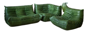 Dubai Green Leather Togo Lounge Chair, Corner and 2-Seat Sofa by Michel Ducaroy for Ligne Roset, 1979, Set of 3