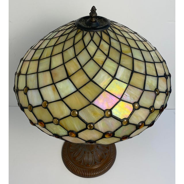Antique American Tiffany Style Leaded Stained Glass Table Lamp With Amber Jewels For Sale In Miami - Image 6 of 11
