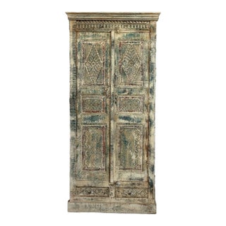 Vintage Wardrobe Armoire Solid Wood Crackled Patina Tall Cabinet For Sale