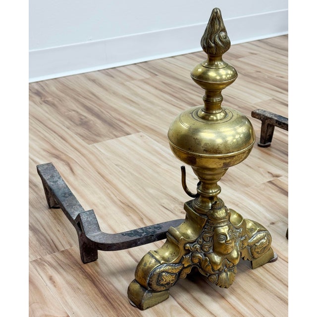 Metal Antique French Baroque Brass Fireplace Andirons-Chenets, Pair For Sale - Image 7 of 7