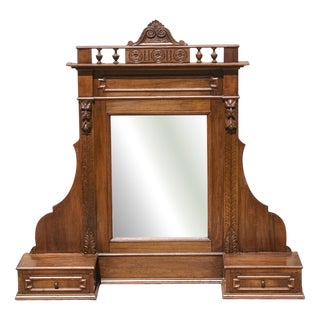 Late 19th Century Walnut Veneered Freestanding Mirror with Frawers and Cymatium, Italy For Sale
