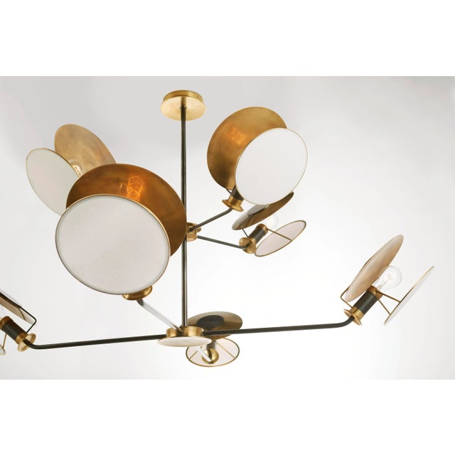 2020s Thomas O'Brien for Visual Comfort Signature Osiris Large Reflector Chandelier in Bronze & Hand-Rubbed Antique Brass with Linen Diffuser For Sale - Image 5 of 6