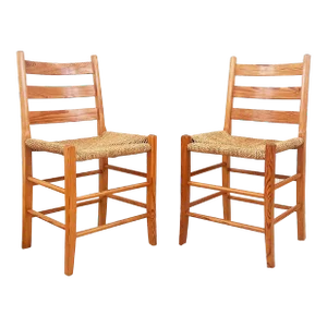 Two Swedish 1970s Pine Ladder Back Chairs With Rope Woven Seats - 2 Pcs, (4 Available)