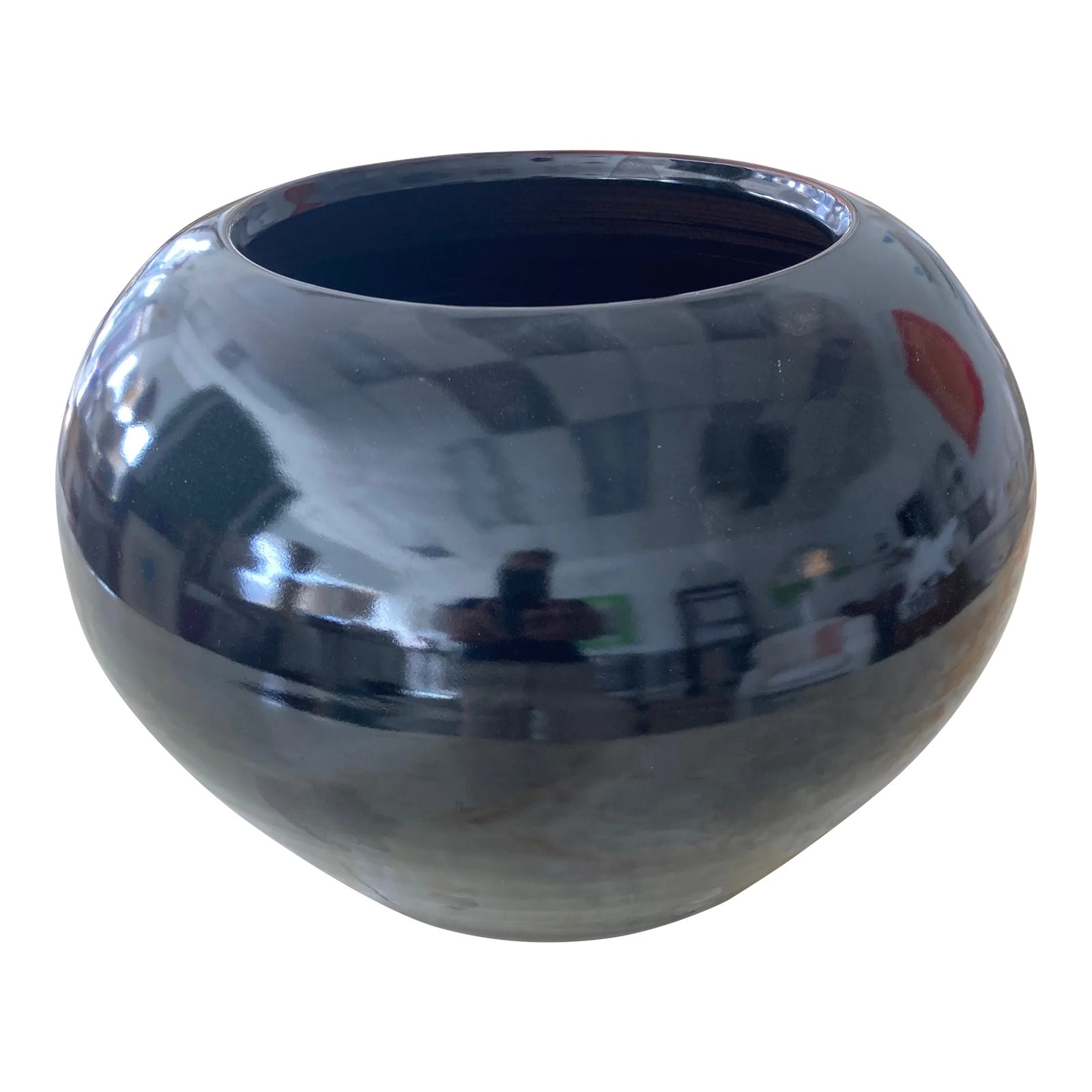 Black Reflective Glaze Ceramic Cache Pot | Chairish