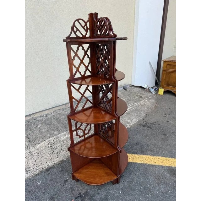 Pair of Hand Carved Fretwork Mahogany Corner Shelfs Bookcases Etageres For Sale - Image 4 of 11