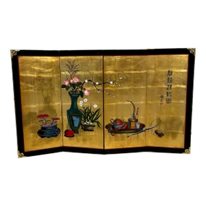 Vintage Chinoiserie Asian Style Lacquered Folding Screen or Wall Hanging