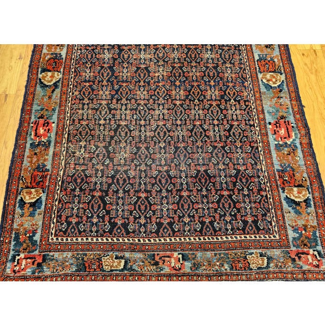 Antique Persian Senneh Area Rug, Hand-Knotted Wool, Herati Pattern & Gol Farang Border, Navy & Light Blue, 4x5 For Sale - Image 14 of 18