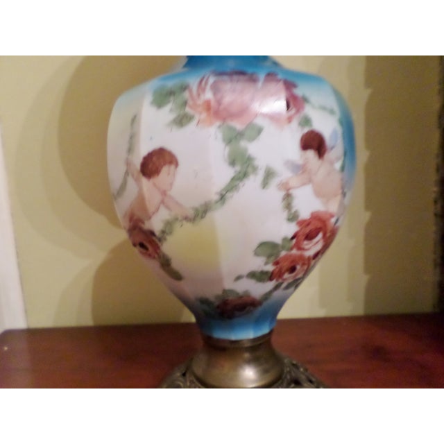 Antique GWTW Porcelain 20" Lamp & Ornate Brass Base W/ Hand Painted Cherubs For Sale In Columbia, SC - Image 6 of 10