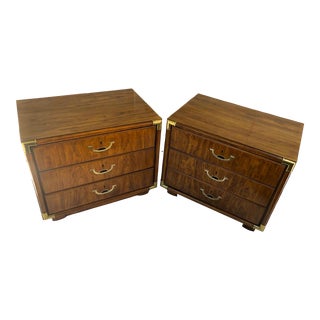 1980s Vintage Drexel Accolade II Campaign Style 3-Drawer Chest Night Tables- a Pair For Sale