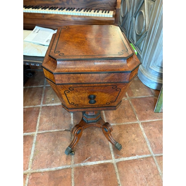 Wood Antique English Regency Period Amboyna Wood Tea Caddy ( Poy ) on Stand For Sale - Image 7 of 9